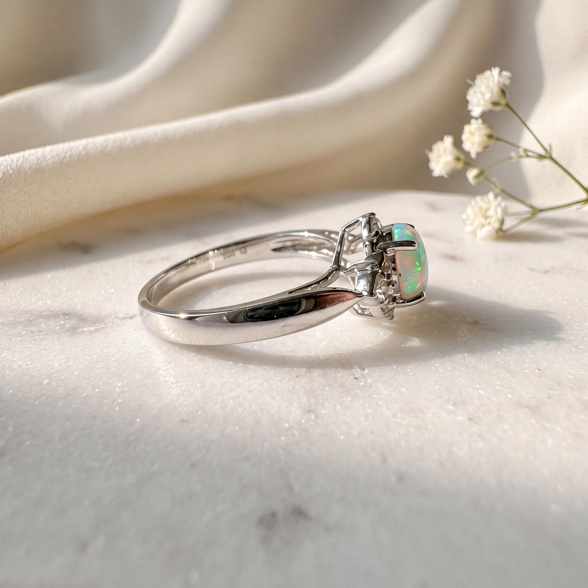 Cabochon Opal and Diamond Oval Ring, 14k Solid White Gold, October Birthstone, Gift for Her