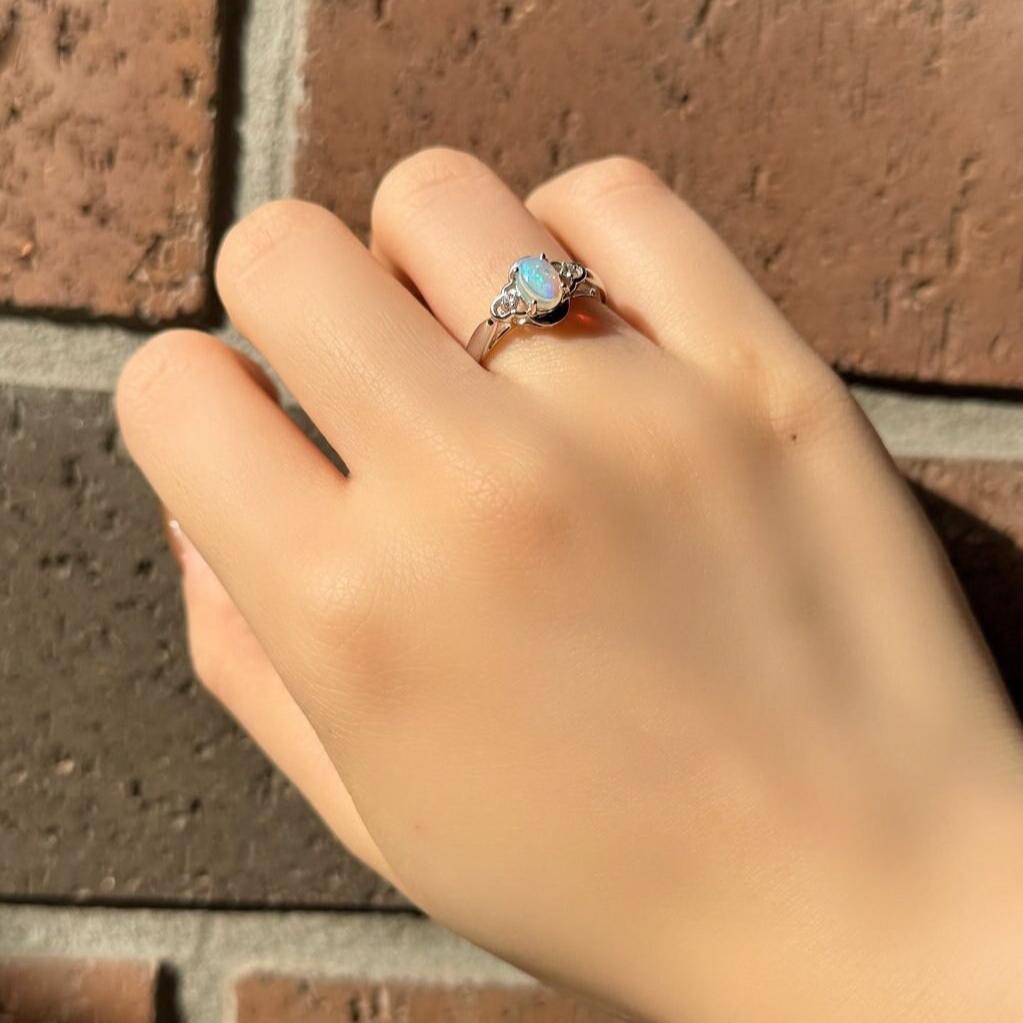 Cabochon Opal and Diamond Oval Ring, 14k Solid White Gold, October Birthstone, Gift for Her