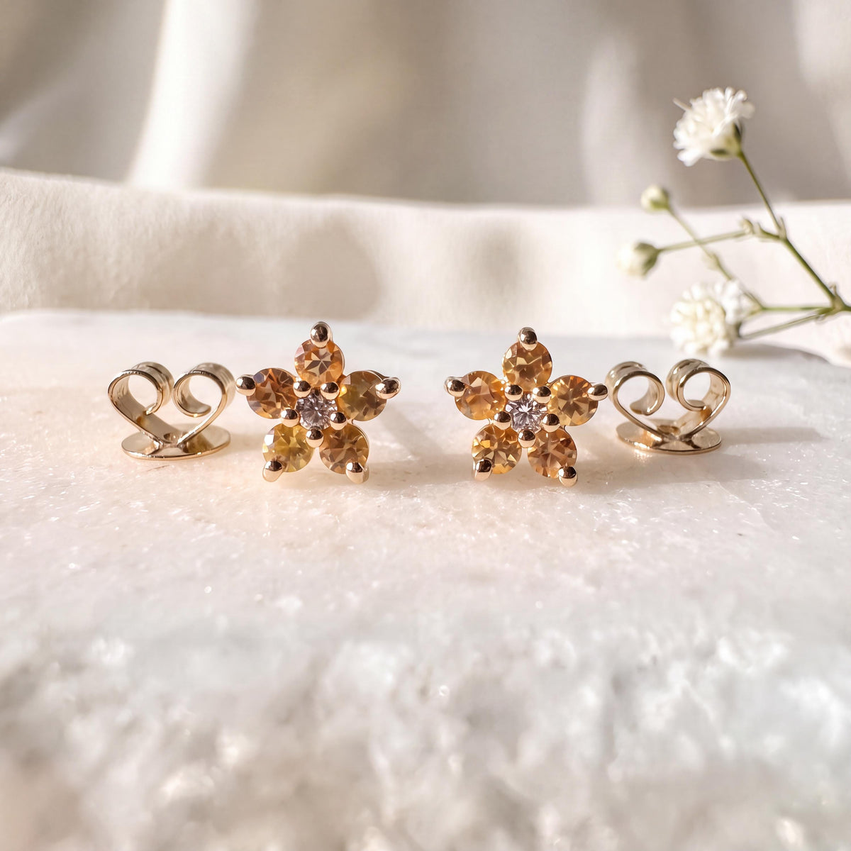 14k Solid Gold Orange Sapphire Diamond Flower Stud Earrings – Dainty Gemstone Pair