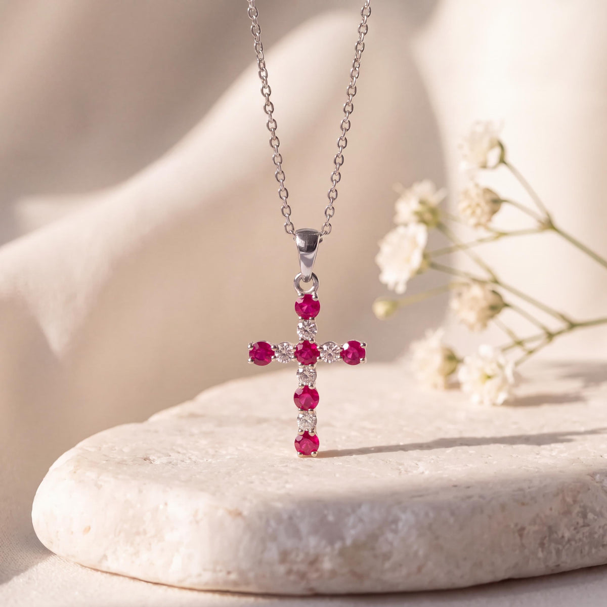Genuine Ruby and Diamond Cross Pendant | 14k Solid Gold