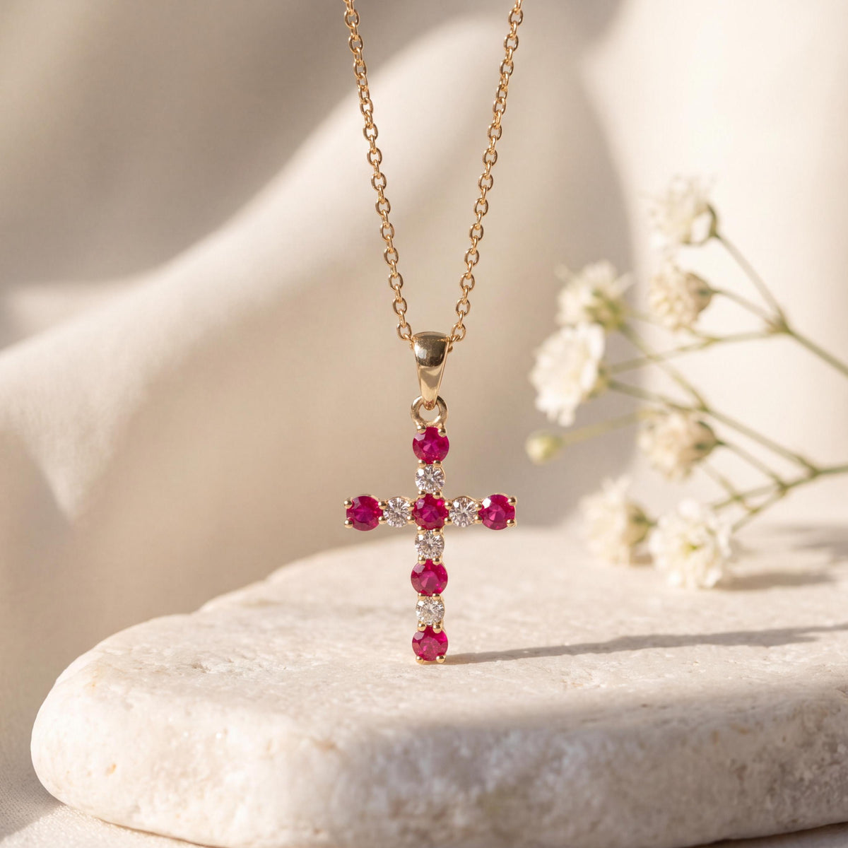 Genuine Ruby and Diamond Cross Pendant | 14k Solid Gold