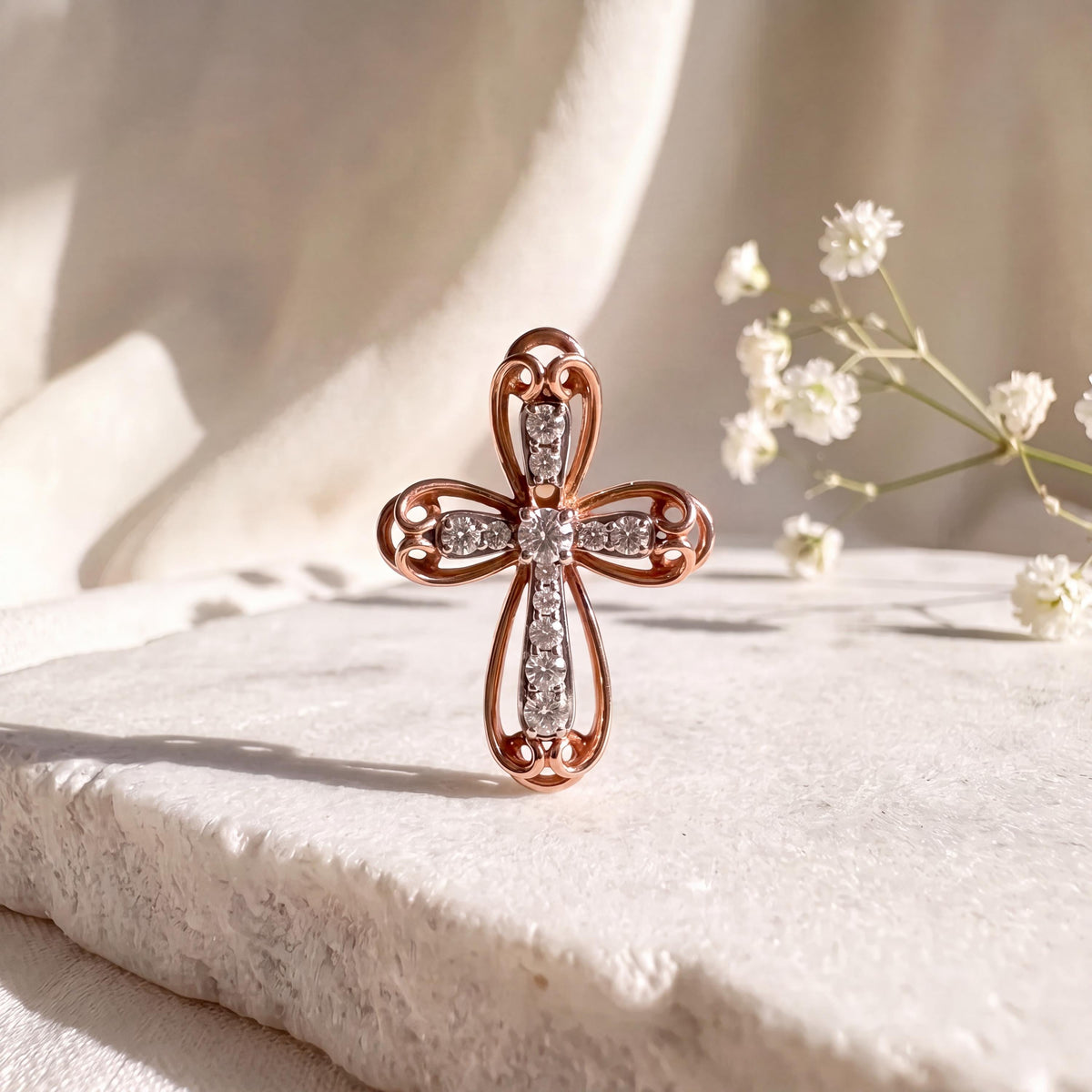 Diamond Cross Pendant, Genuine 18k Solid Rose Gold Necklace, April Birthstone, Faith Jewelry Gift