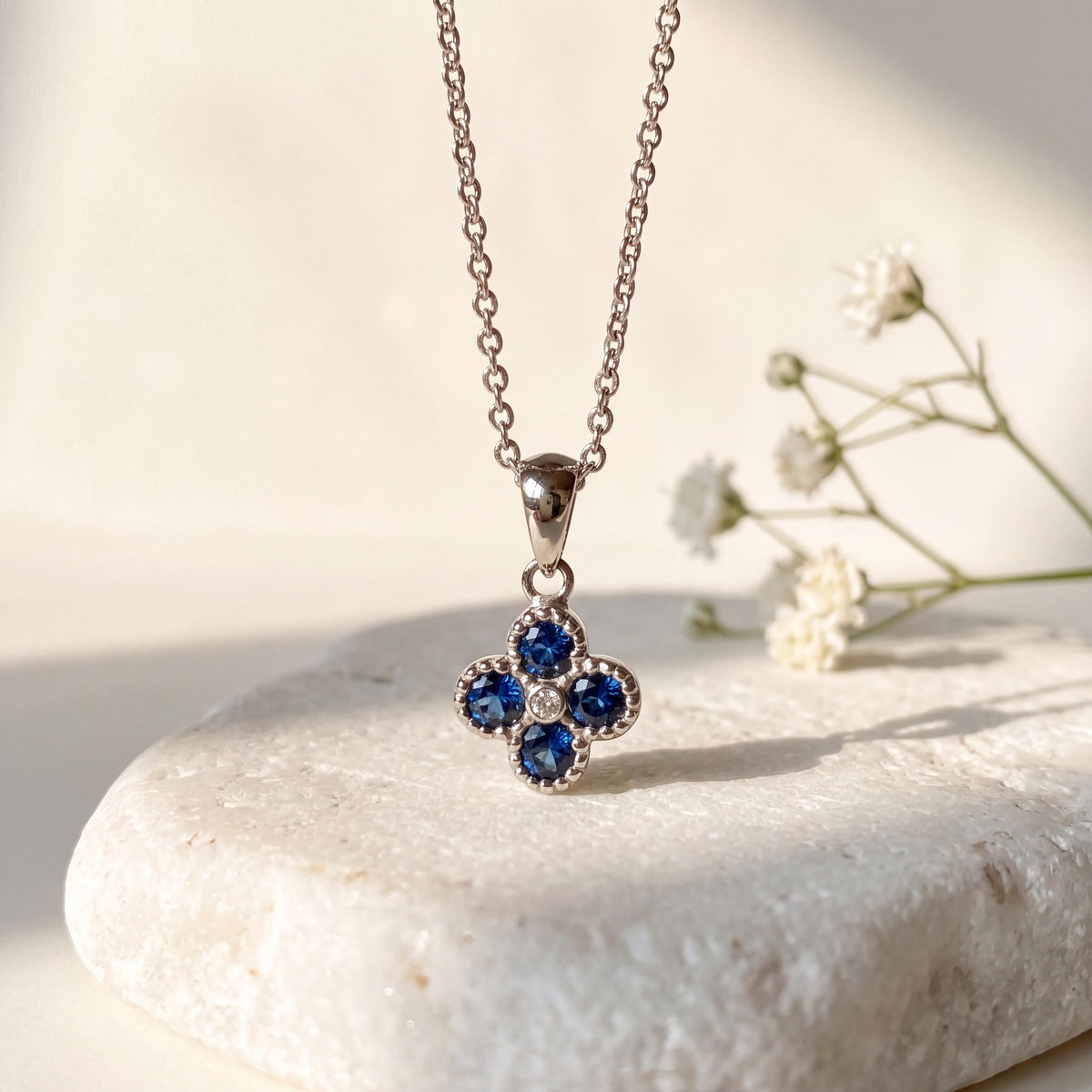 Genuine Sapphire and Diamond Clover Pendant (Mini), 14k Solid Gold Necklace, September Birthstone, Gift for Her