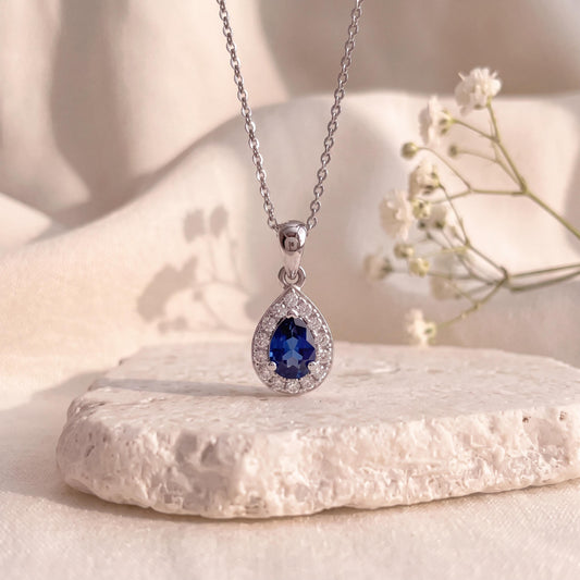 Genuine Halo Teardrop Sapphire and Diamond Pendant | 18k Solid Gold