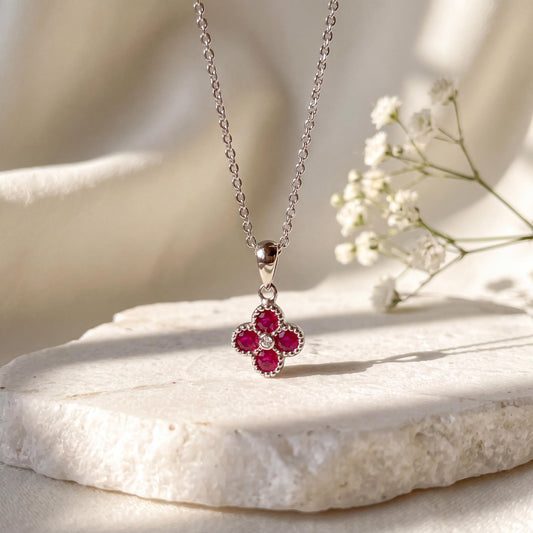 Genuine Ruby Diamond Mini Clover Pendant, 14k Solid Gold, July Birthstone