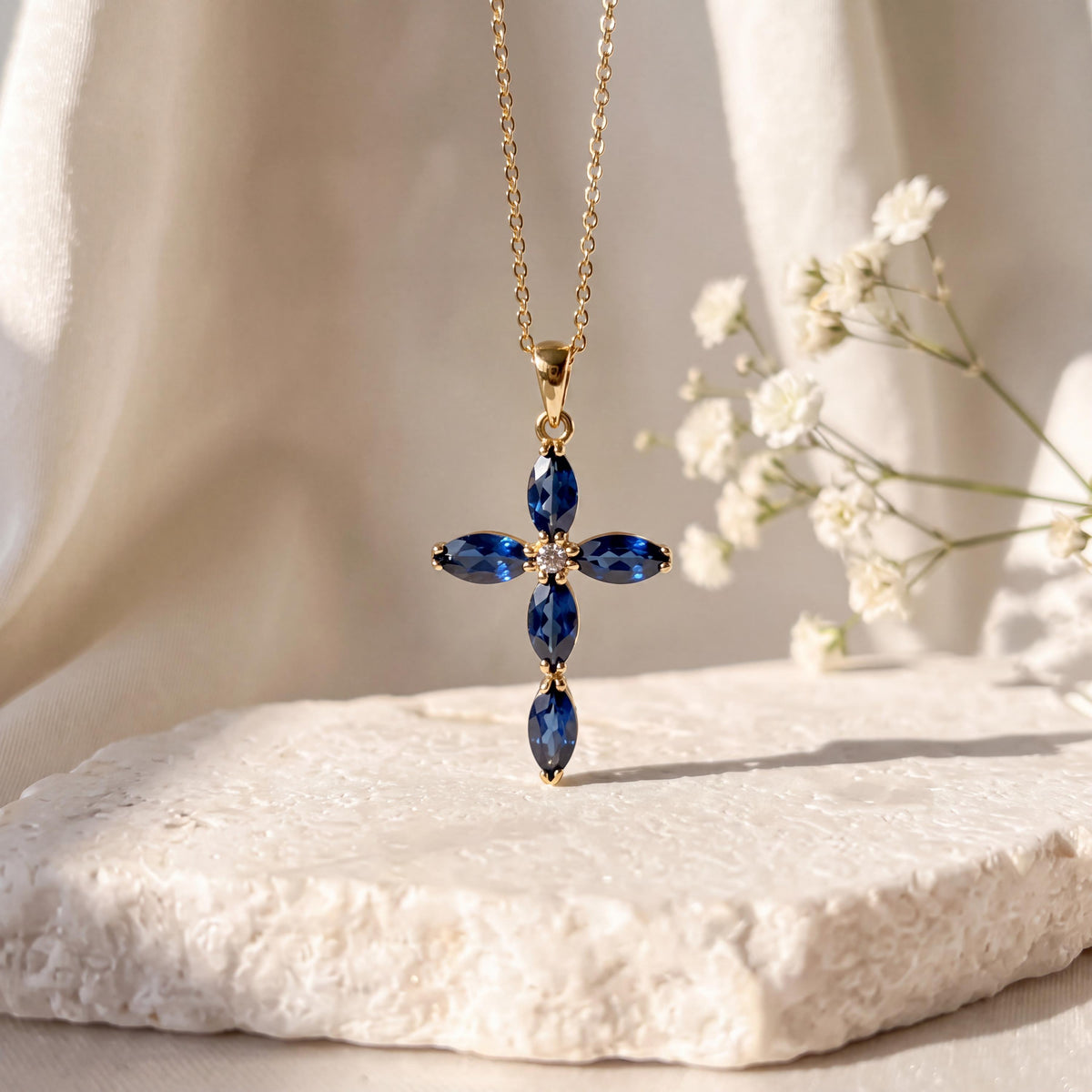 Genuine Oval Cut Sapphire Cross Pendant | 14k Solid Gold
