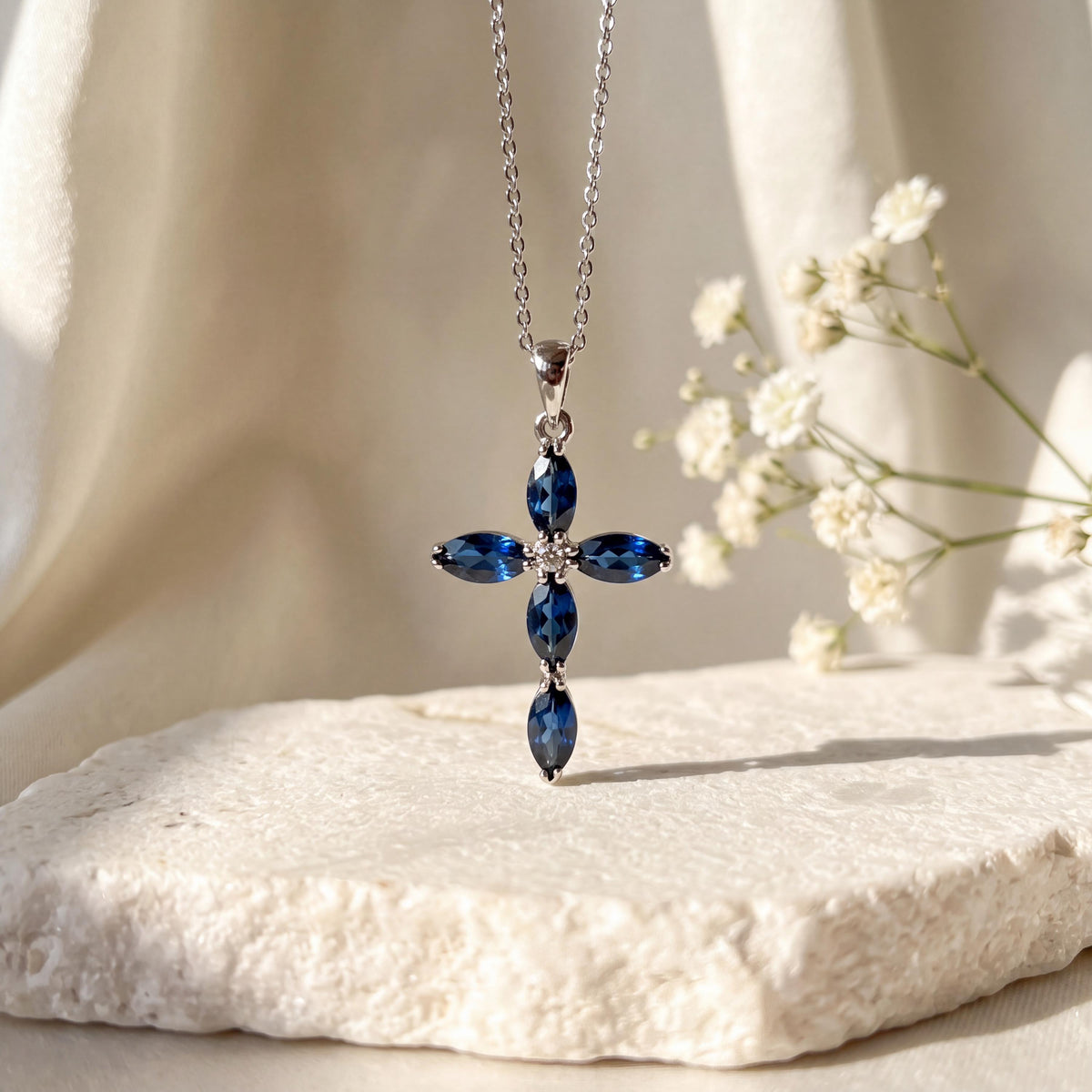 Genuine Oval Cut Sapphire Cross Pendant | 14k Solid Gold