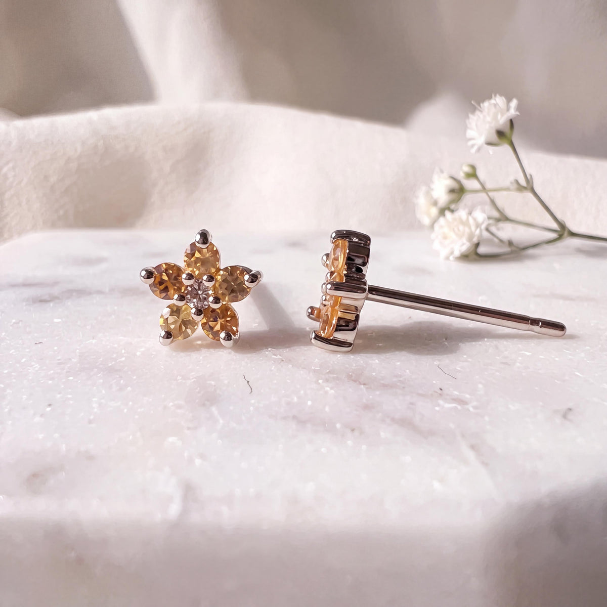 14k Solid Gold Orange Sapphire Diamond Flower Stud Earrings – Dainty Gemstone Pair