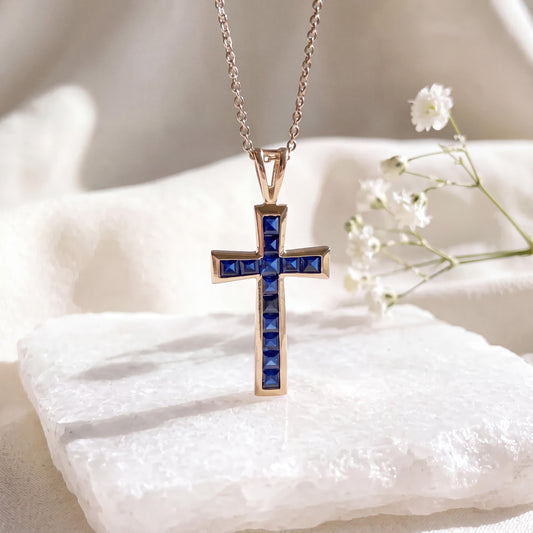 Genuine Sapphire Tapered Cross Pendant / 14k Solid Gold