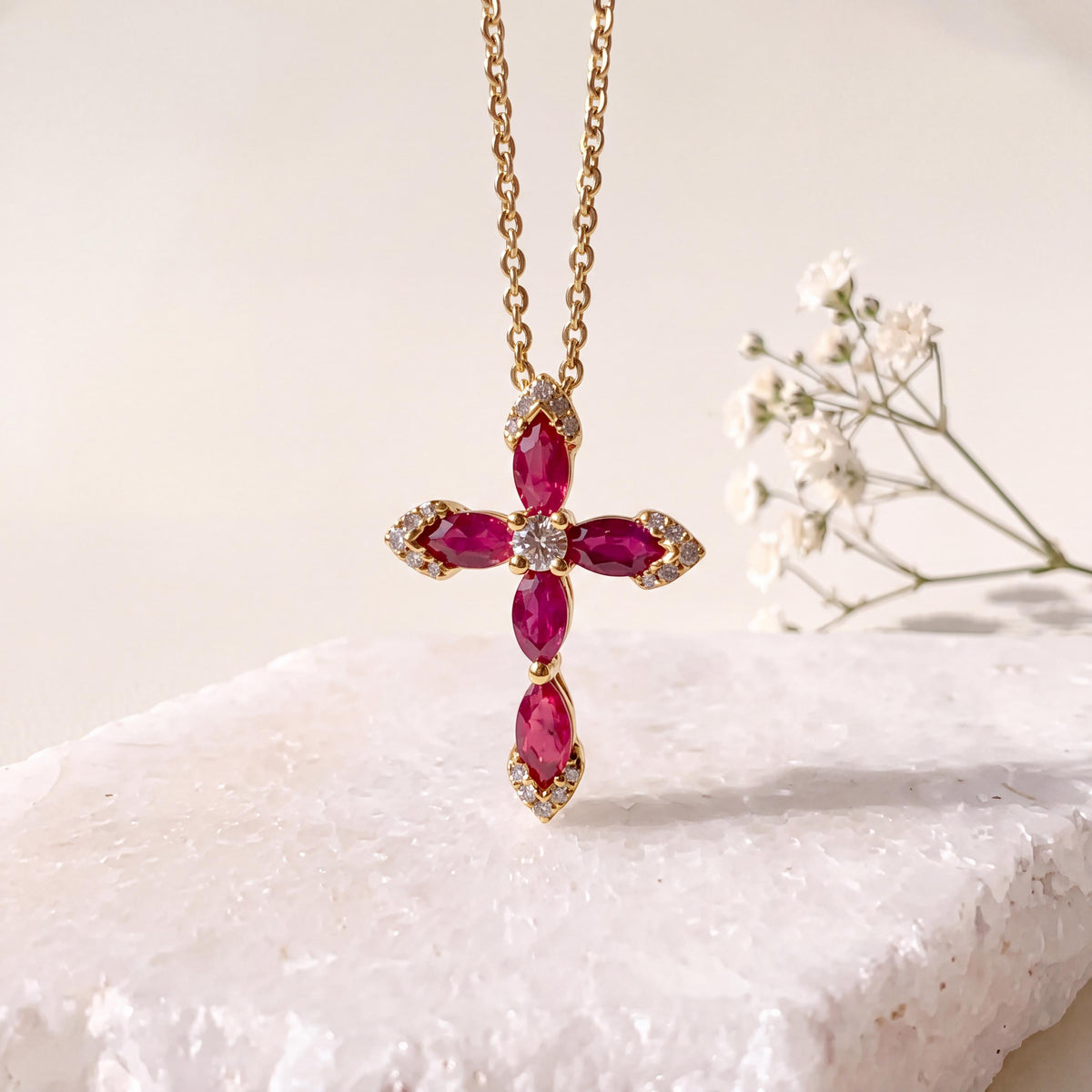 Genuine Ruby and Diamond Marquise Cross Pendant, 14k Solid Gold, July Birthstone, Gift for Her