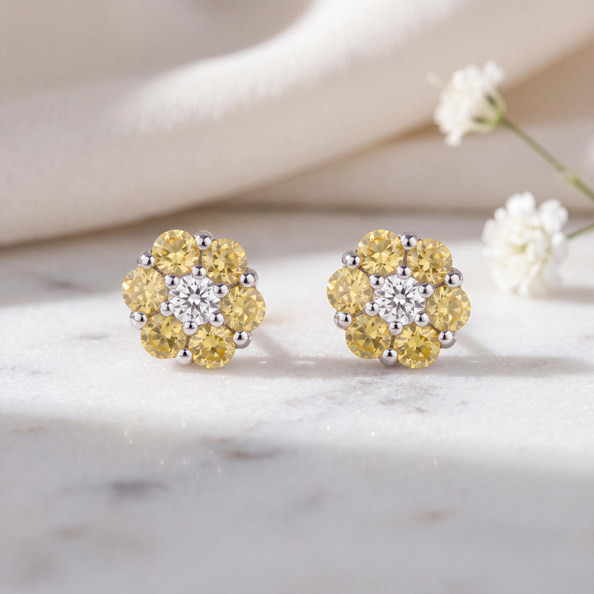 Genuine Yellow Sapphire Diamond Flower Stud Earrings, 18k or 14k Solid Gold, September Birthstone
