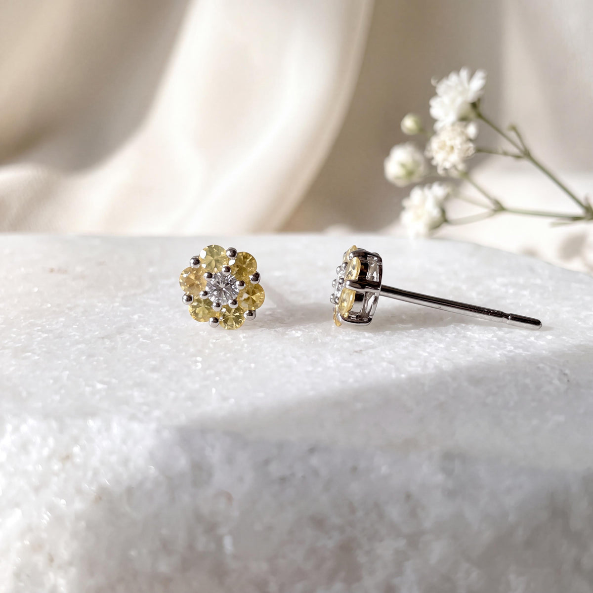 Genuine Yellow Sapphire Diamond Flower Stud Earrings, 18k or 14k Solid Gold, September Birthstone