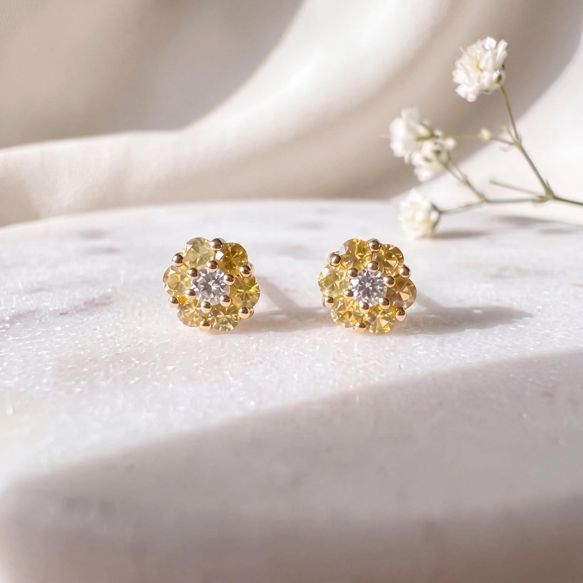 Genuine Yellow Sapphire Diamond Flower Stud Earrings, 18k or 14k Solid Gold, September Birthstone