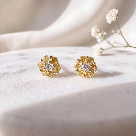 Genuine Yellow Sapphire Diamond Flower Stud Earrings, 18k or 14k Solid Gold, September Birthstone