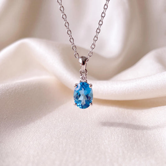 Genuine Blue Topaz and Diamond Oval Cut Pendant / 14k Solid Gold