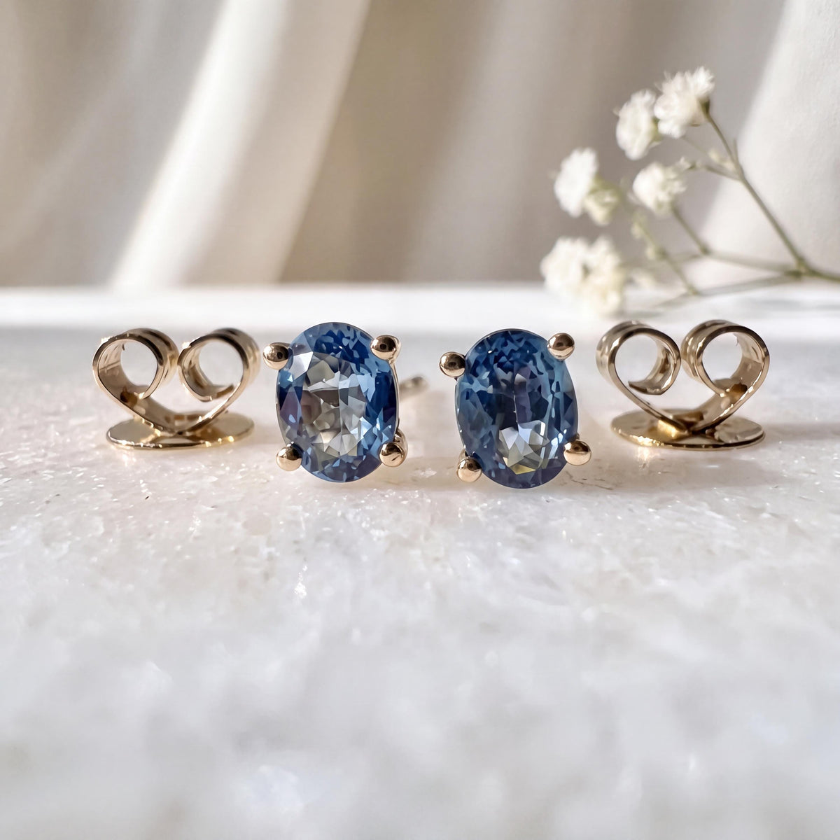 Oval Cut Ceylon Sapphire Stud Earrings, 14k Solid Gold, September Birthstone