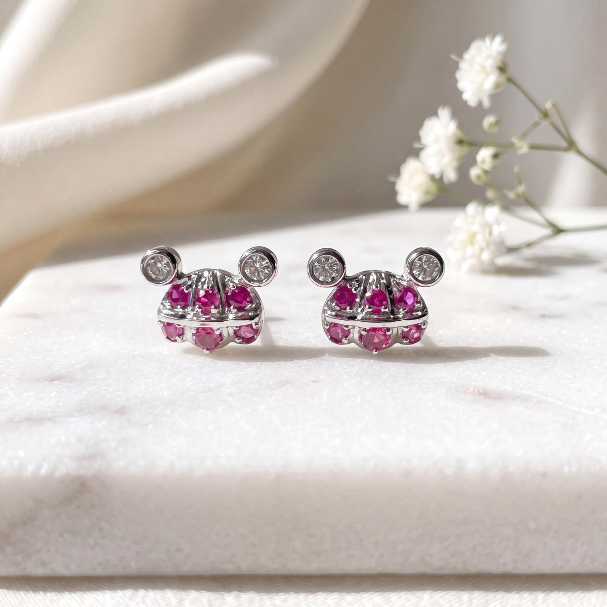 Genuine Ruby Mouse Earrings, 18k White Gold Diamond Cluster Studs