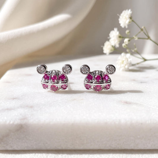 Genuine Ruby Mouse Earrings, 18k White Gold Diamond Cluster Studs