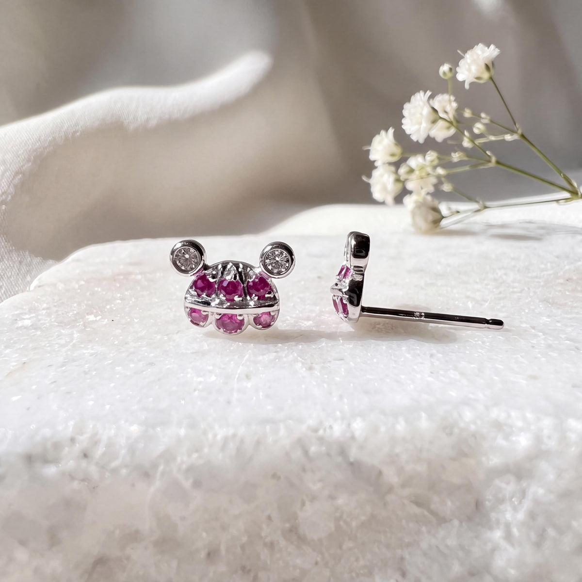 Genuine Ruby Mouse Earrings, 18k White Gold Diamond Cluster Studs