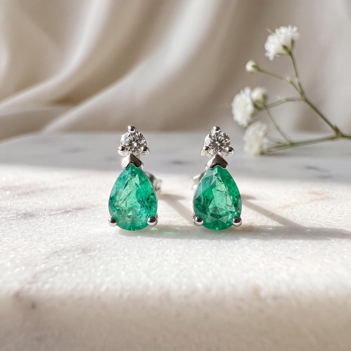 Pear Cut Emerald Diamond Stud Earrings, 14k Solid Gold, May Birthstone