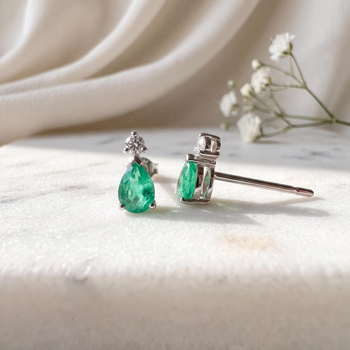 Pear Cut Emerald Diamond Stud Earrings, 14k Solid Gold, May Birthstone