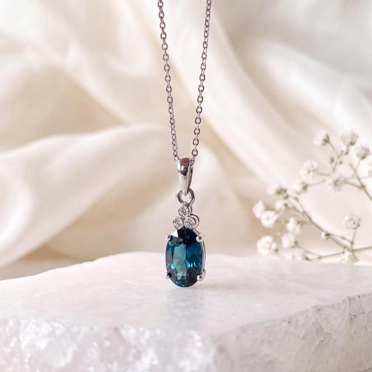 Genuine Sapphire and Diamond Oval Cut Pendant in 14k Solid Gold