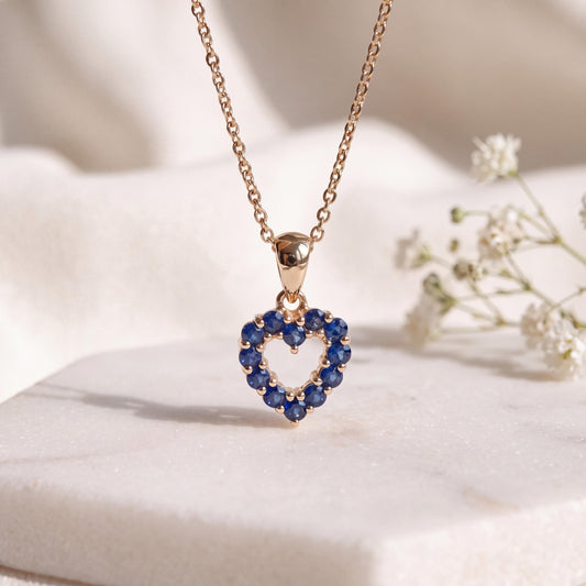 Genuine Sapphire Round Cut Heart Pendant | 14k Solid Gold