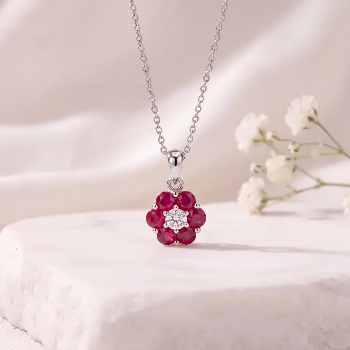Genuine Ruby and Diamond Flower Pendant in 14k Solid Gold