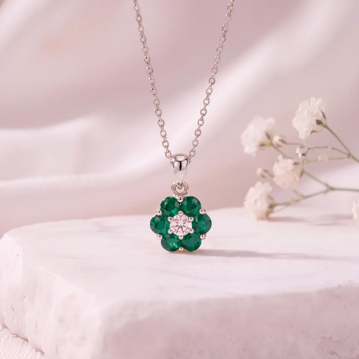 Genuine Emerald and Diamond Flower Pendant | 14k Solid Gold
