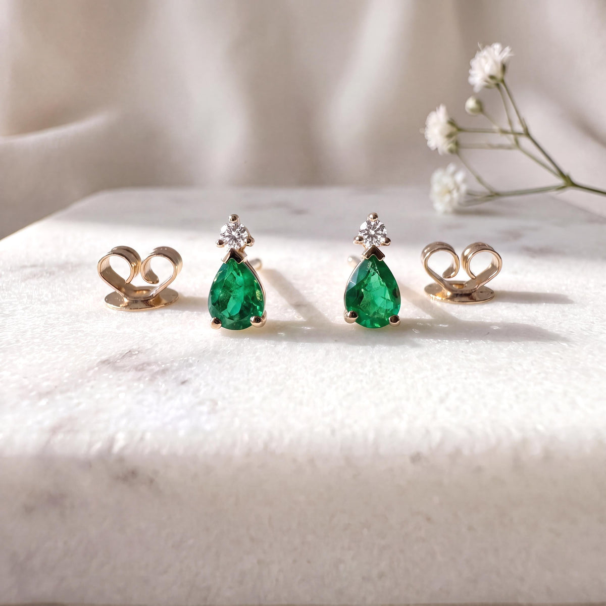 Pear Cut Emerald Diamond Stud Earrings, 14k Solid Gold, May Birthstone