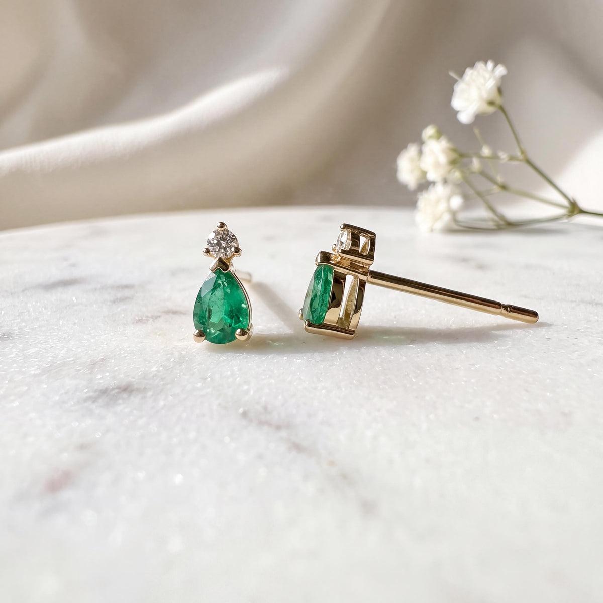 Pear Cut Emerald Diamond Stud Earrings, 14k Solid Gold, May Birthstone