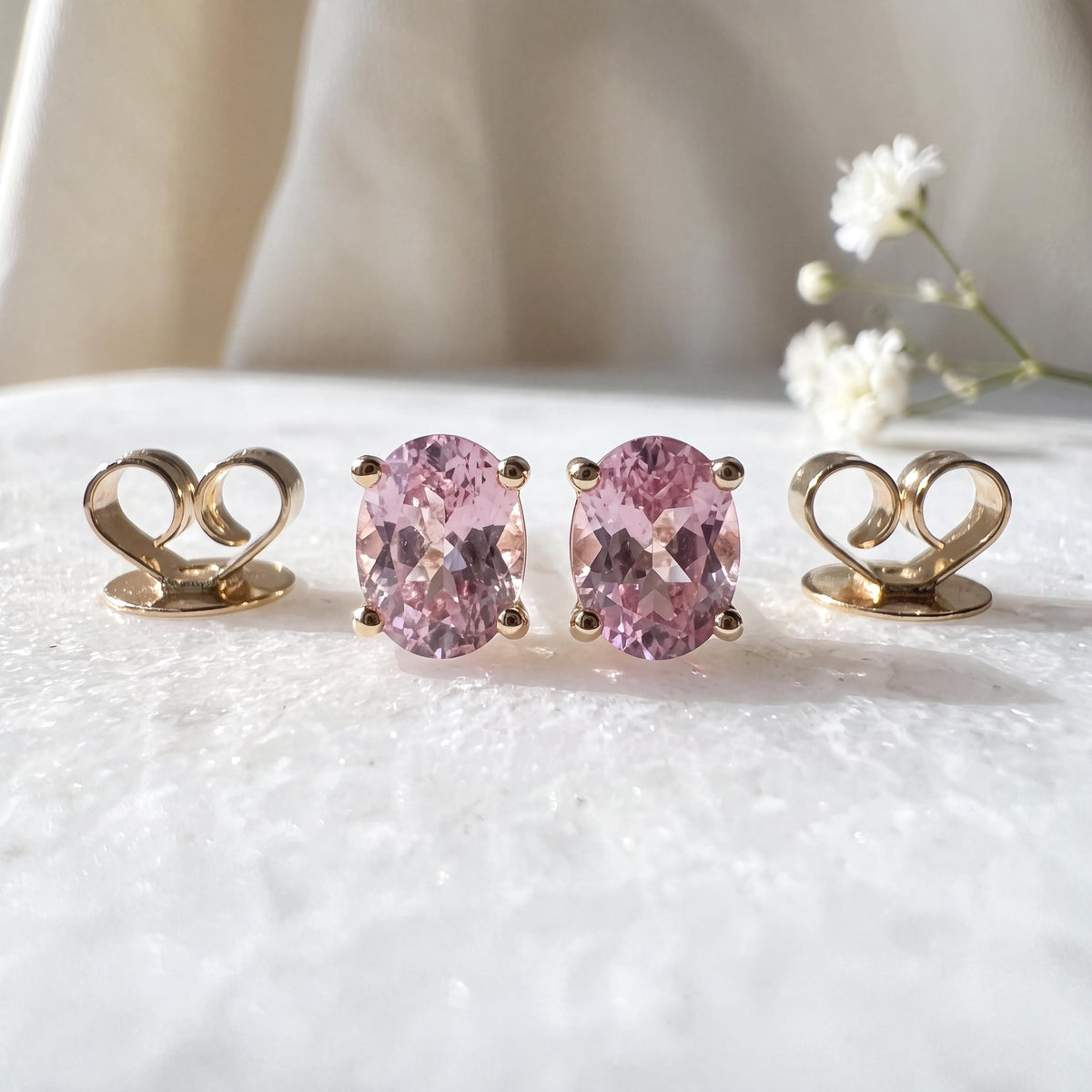 Genuine Oval Pink Sapphire 4mm Solitaire Stud Earrings, 14k Solid Gold, September Birthstone