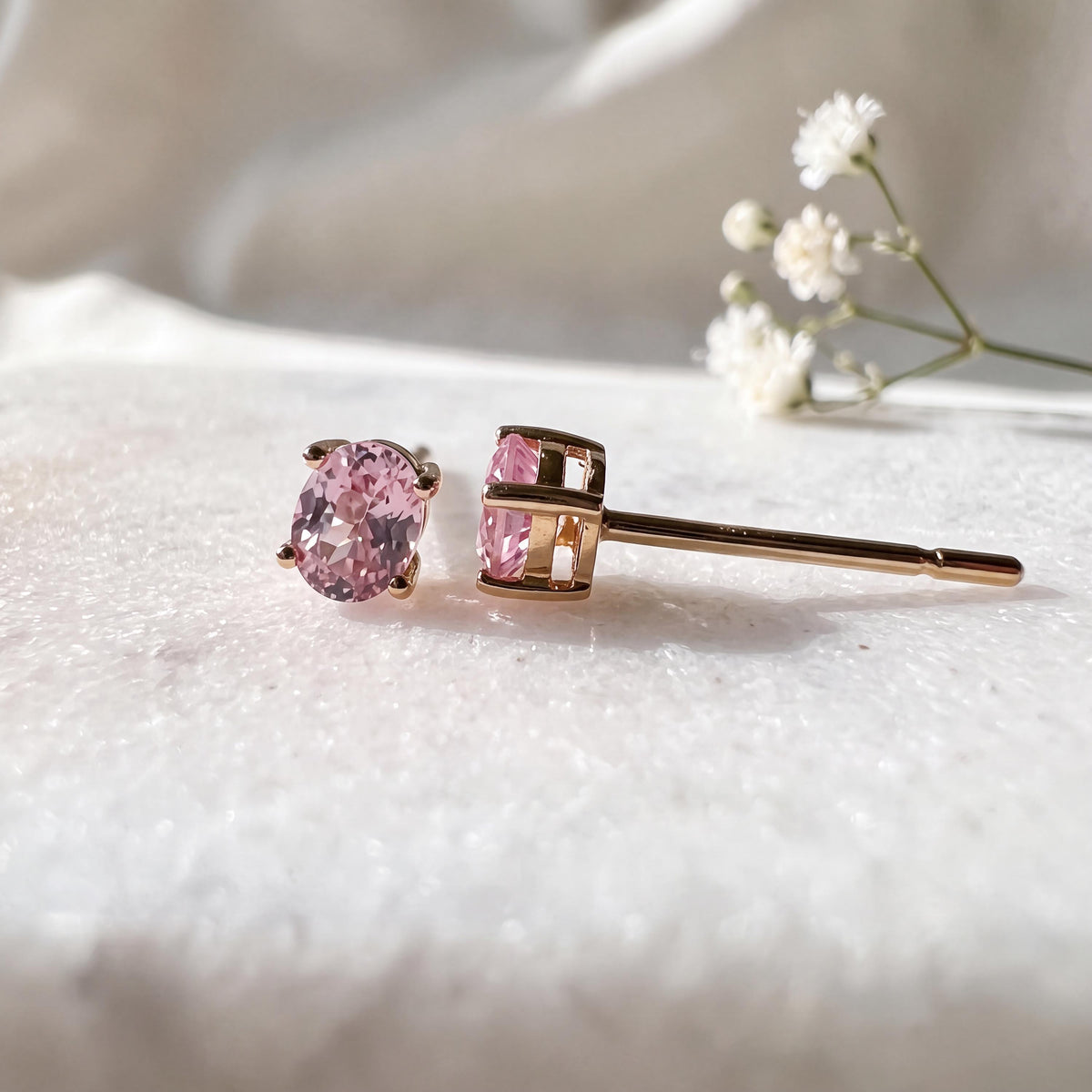 Genuine Oval Pink Sapphire 4mm Solitaire Stud Earrings, 14k Solid Gold, September Birthstone