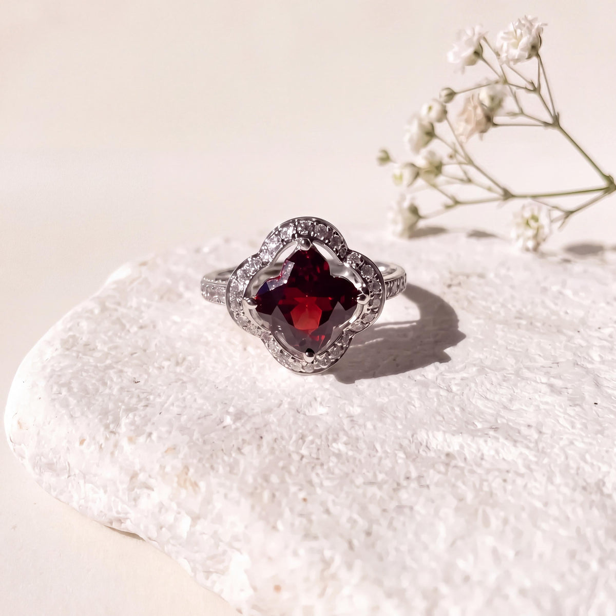 Genuine Garnet Quatrefoil Ring in 14k Solid Gold