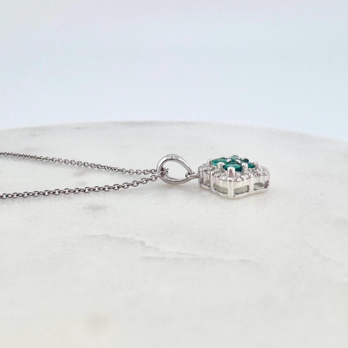Genuine Emerald and Diamond Square Pendant in 18k Solid White Gold