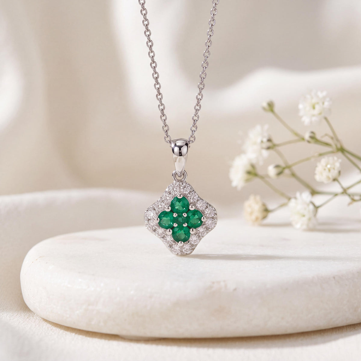 Genuine Emerald and Diamond Square Pendant in 18k Solid White Gold