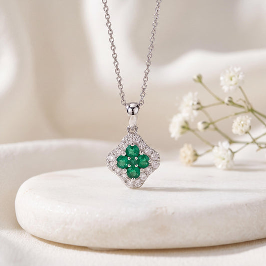 Genuine Emerald and Diamond Square Pendant in 18k Solid White Gold