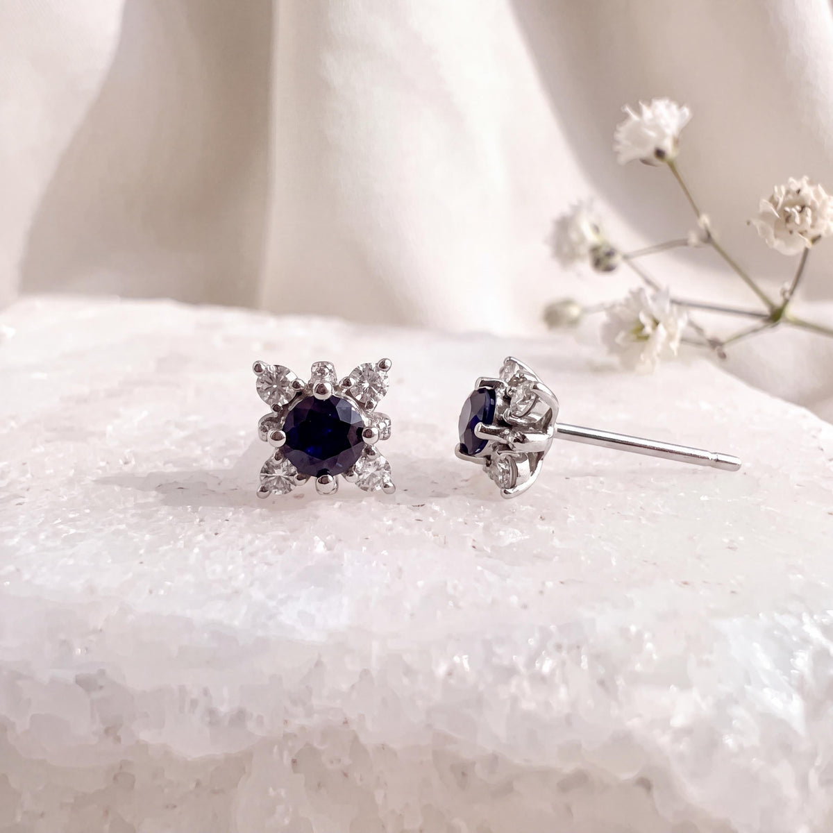 Genuine Round Sapphire and Diamond Earrings in 18k Solid White Gold