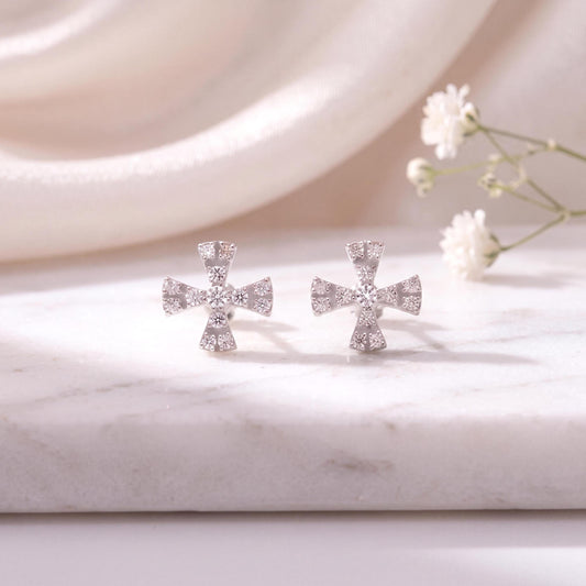 18k Solid White Gold Diamond Cluster Cross Stud Earrings, April Birthstone