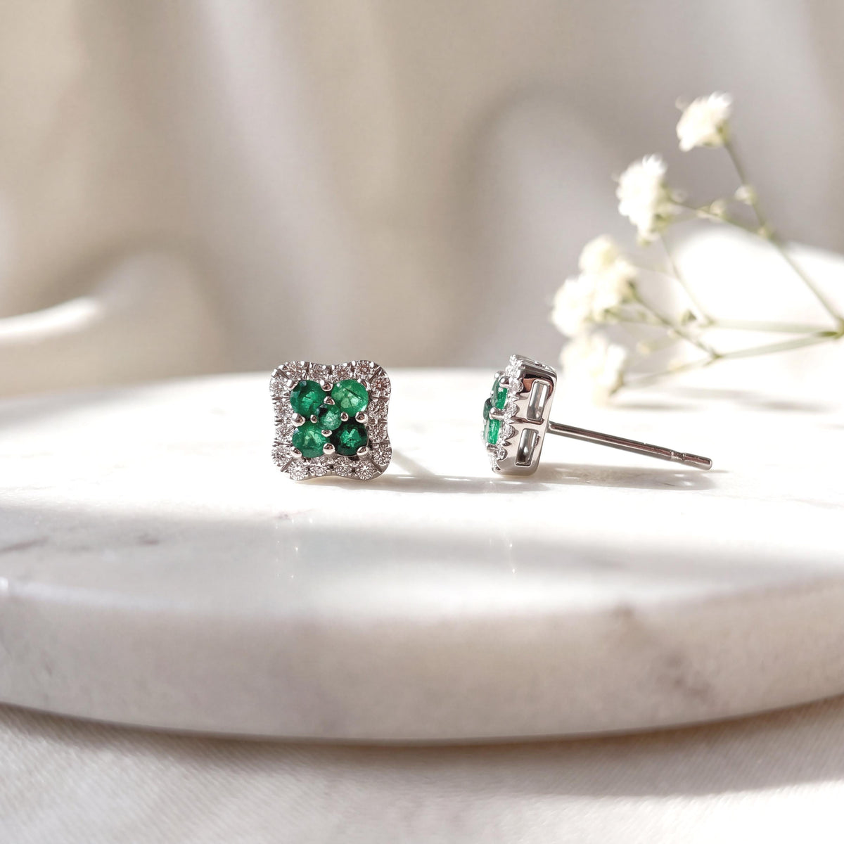 Genuine Emerald Diamond Square Halo Stud Earrings, 14k Solid White Gold, May Birthstone