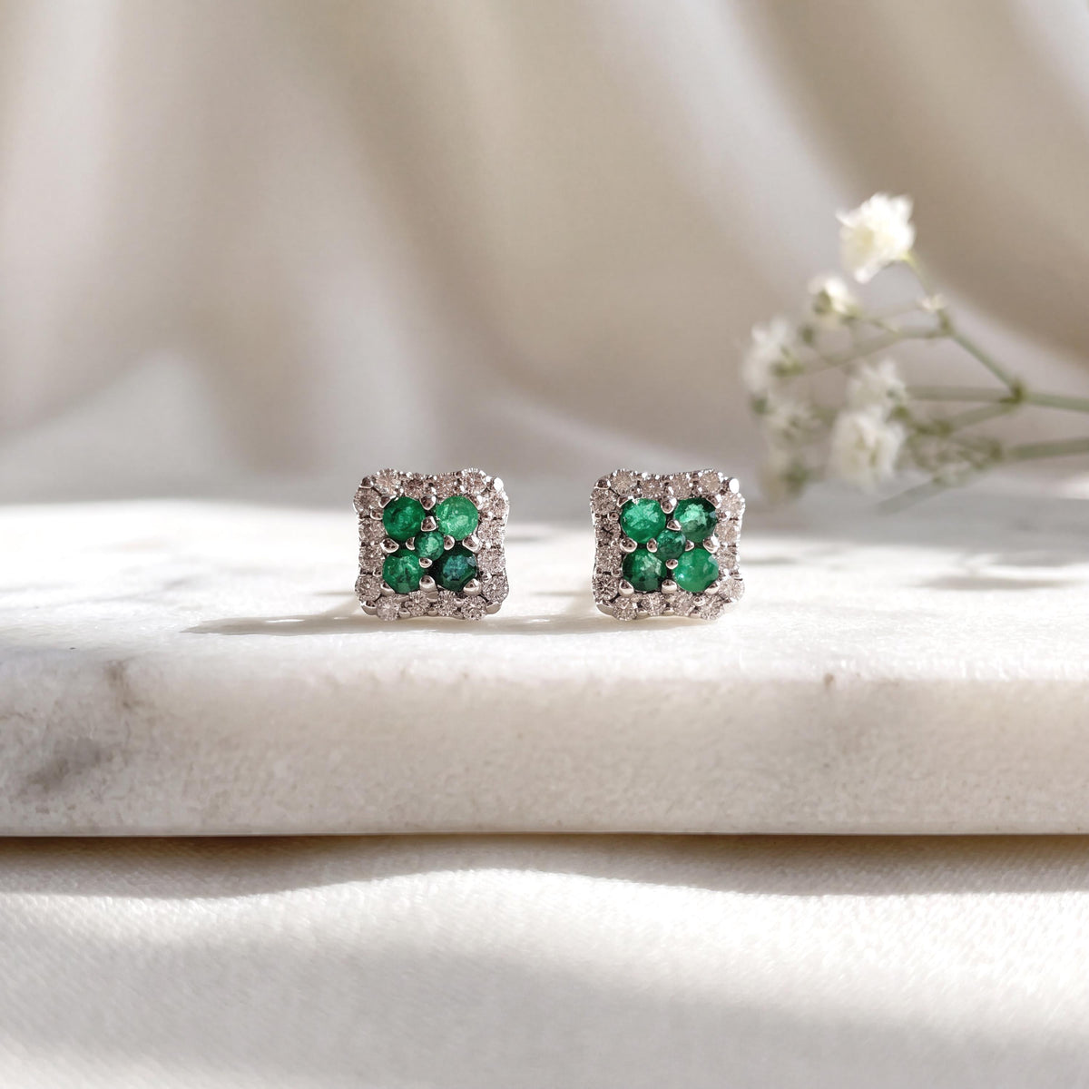 Genuine Emerald Diamond Square Halo Stud Earrings, 14k Solid White Gold, May Birthstone