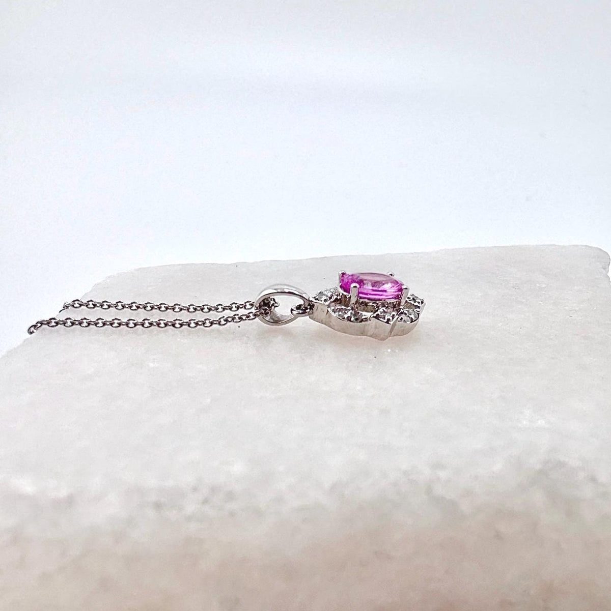 18k White Gold Pink Sapphire Diamond Halo Pendant Necklace, September Birthstone