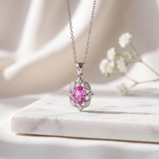 18k White Gold Pink Sapphire Diamond Halo Pendant Necklace, September Birthstone