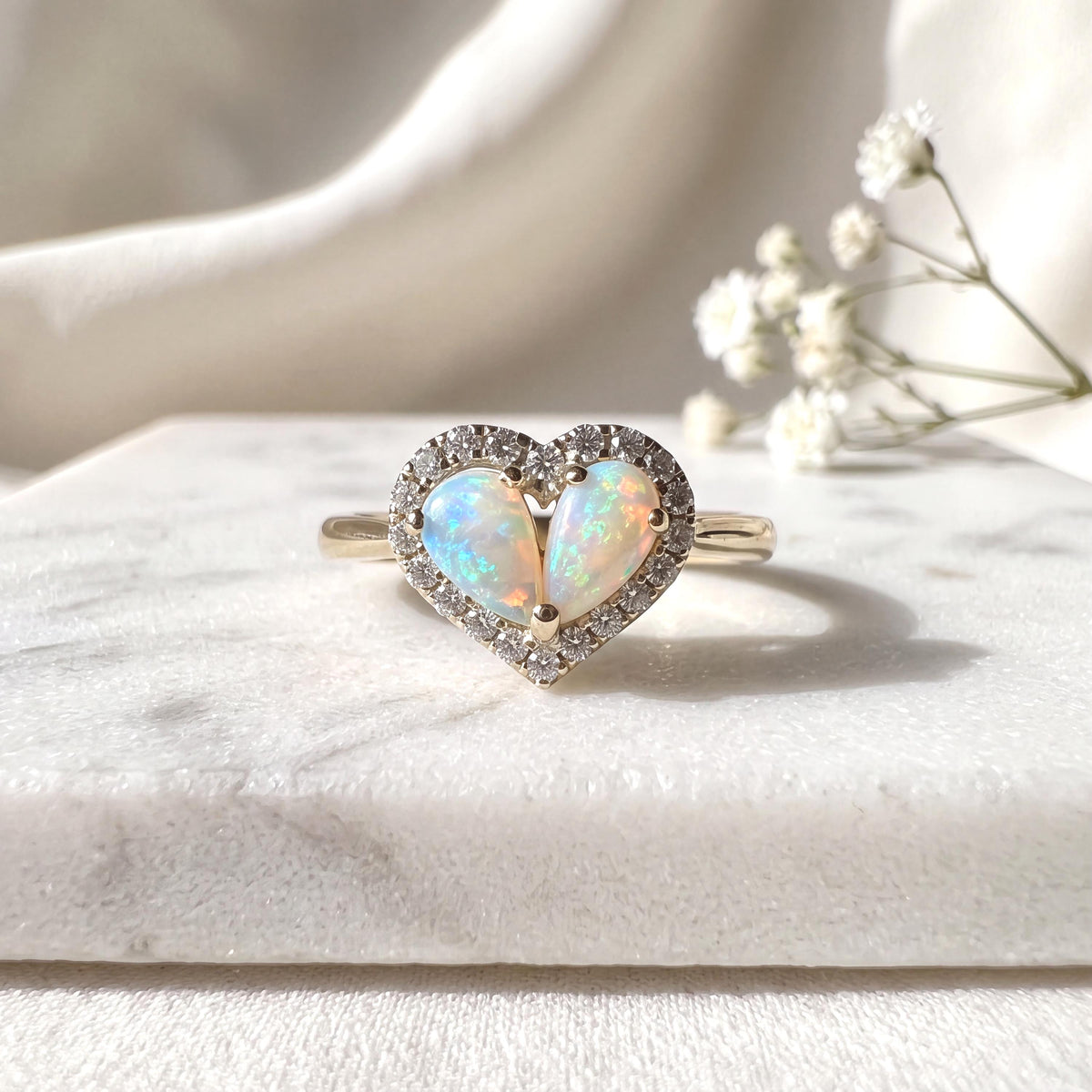 14k Yellow Gold Opal Diamond Heart Ring, Natural Gemstone Engagement Ring