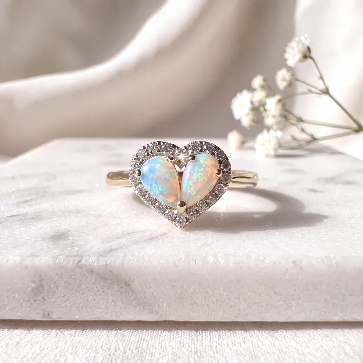 14k Yellow Gold Opal Diamond Heart Ring, Natural Gemstone Engagement Ring