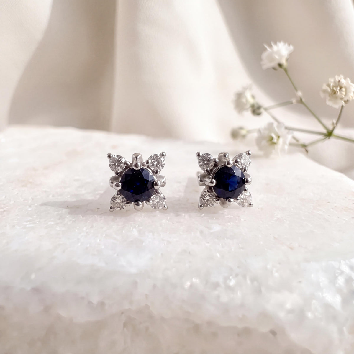 Genuine Round Sapphire and Diamond Earrings in 18k Solid White Gold