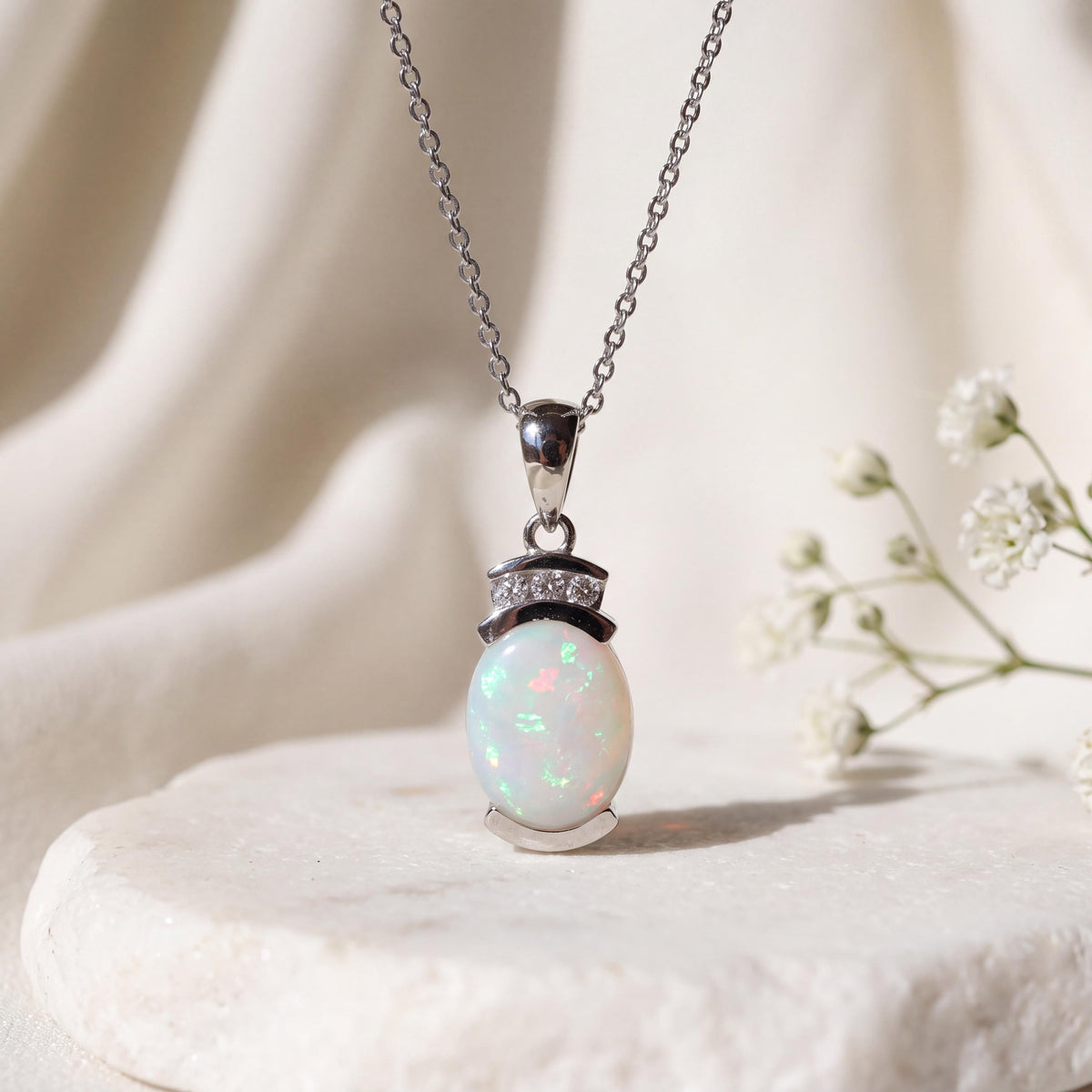 Genuine Oval Cut Opal and Diamond Pendant in 14k Solid Gold