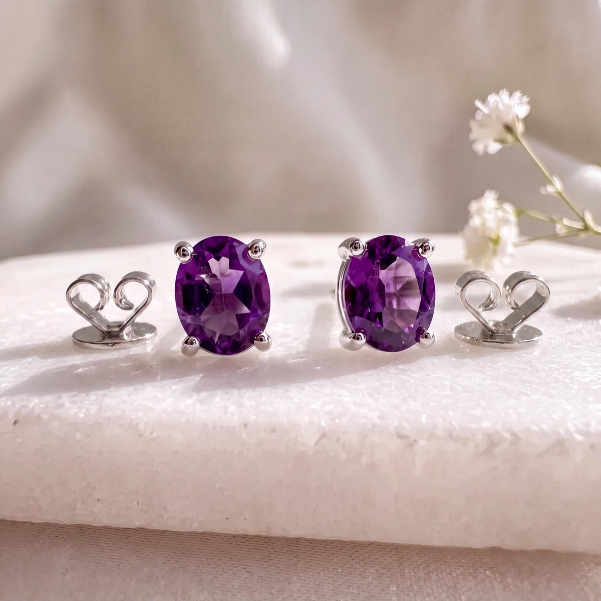 Genuine Amethyst Oval Cut Solitaire Stud Earrings, 14k Solid Gold, February Birthstone, Gift for Her