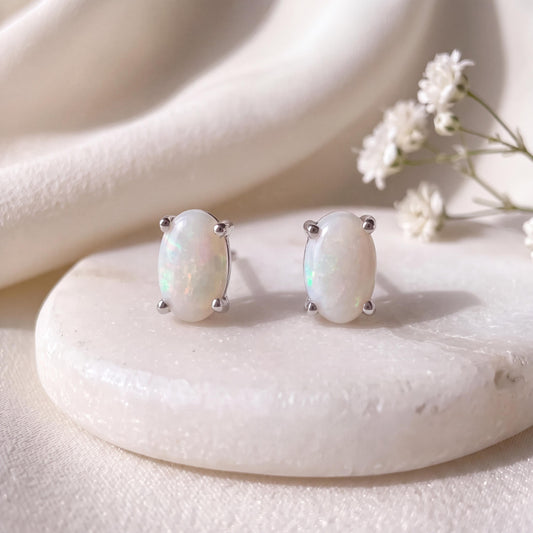 Genuine Opal Oval Solitaire Stud Earrings, 14k Solid Gold, October Birthstone, Gift for Her