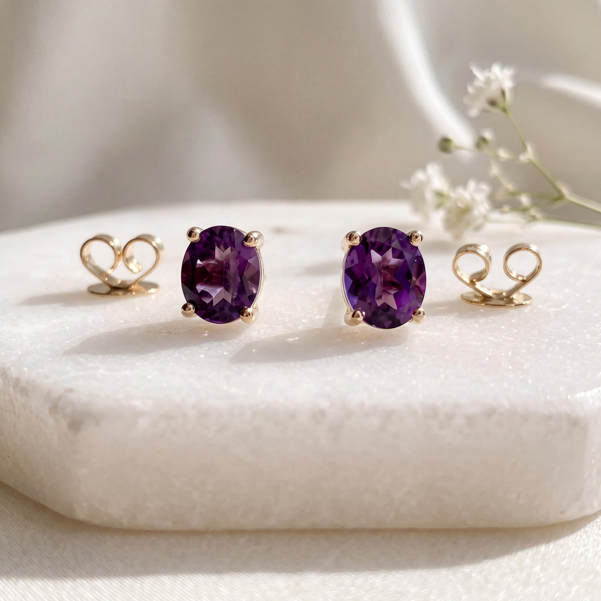 Genuine Amethyst Oval Cut Solitaire Stud Earrings, 14k Solid Gold, February Birthstone, Gift for Her